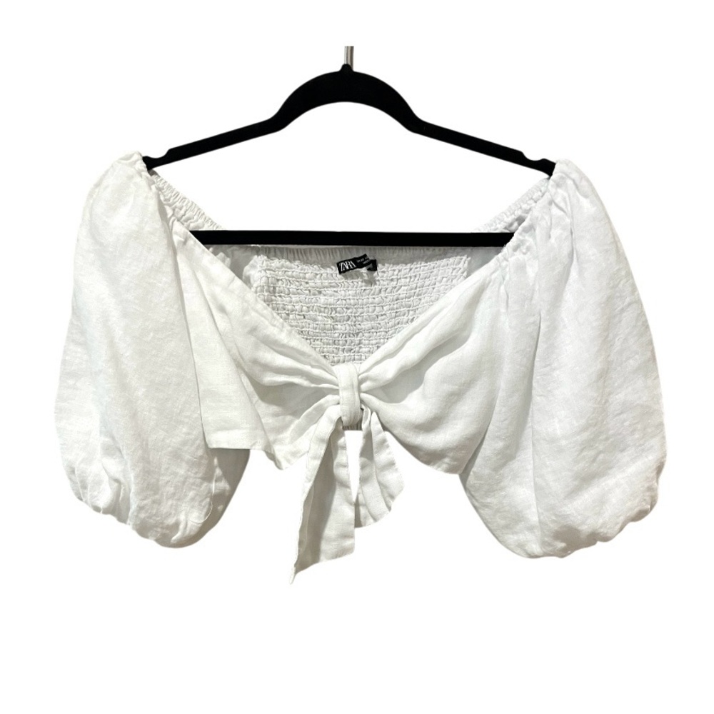 Zara White Linen Crop Top Puff Sleeves Tie Front Linen SZ XS  EUC